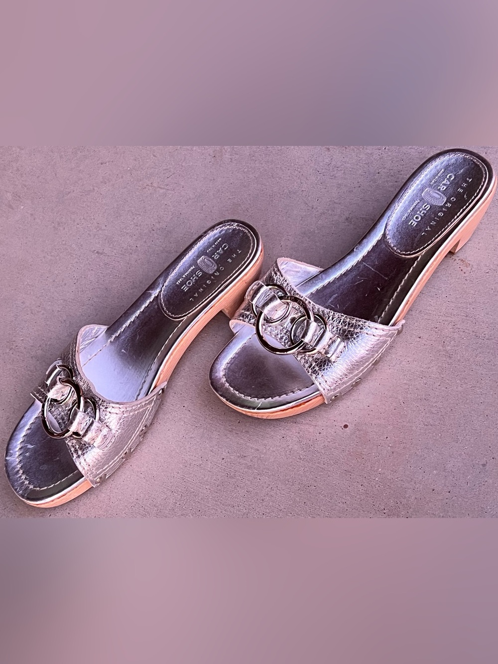 Car Shoe Prada Metallic Silver Leather Wood Clog Sandals Slide Heel Vintage 37.5